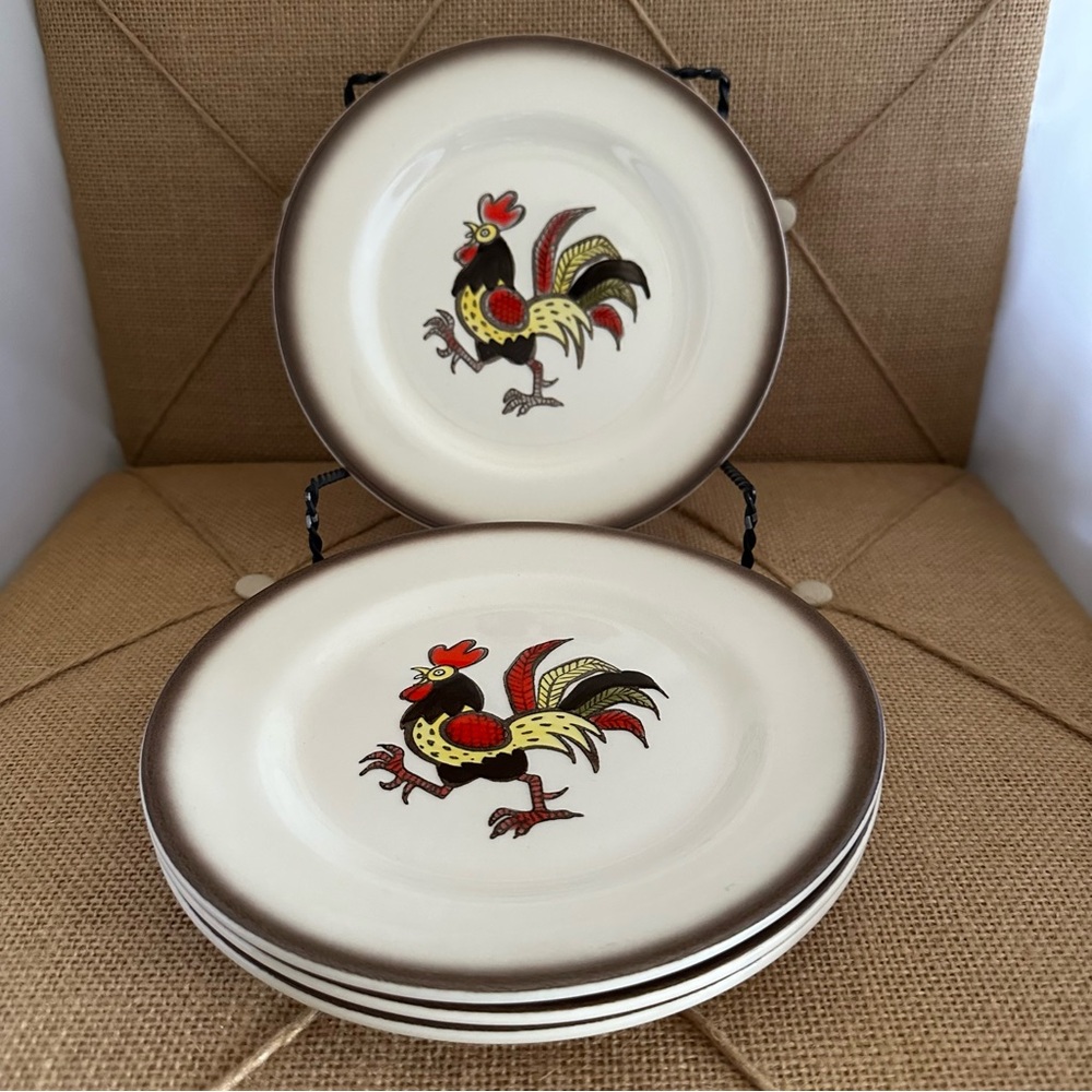 4 Metlox Poppy Trail Red Rooster Pattern Bread Dessert Salad Plates 7.5"